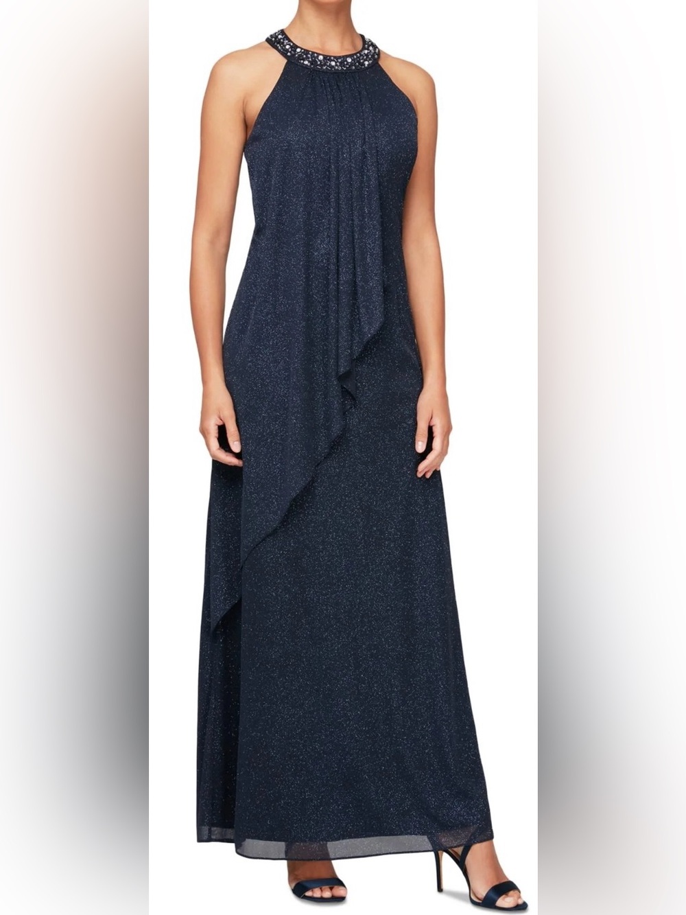 SLNY Navy Glitter Halter Beaded Neckline Maxi Dress - Picture 2 of 4